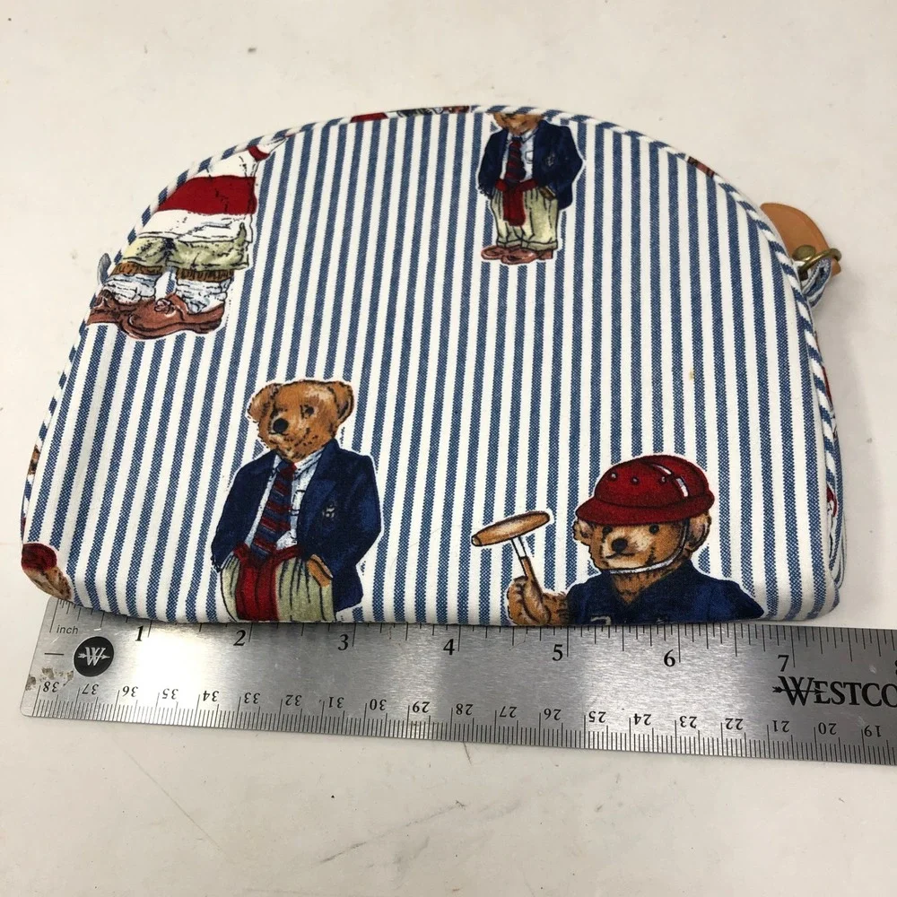 Vintage Ralph Lauren Polo Bear Cosmetic Bag Blue Striped Fabric Pouch